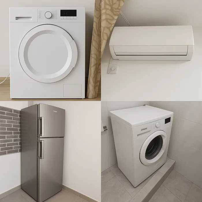 A white washing and drying machine in a room