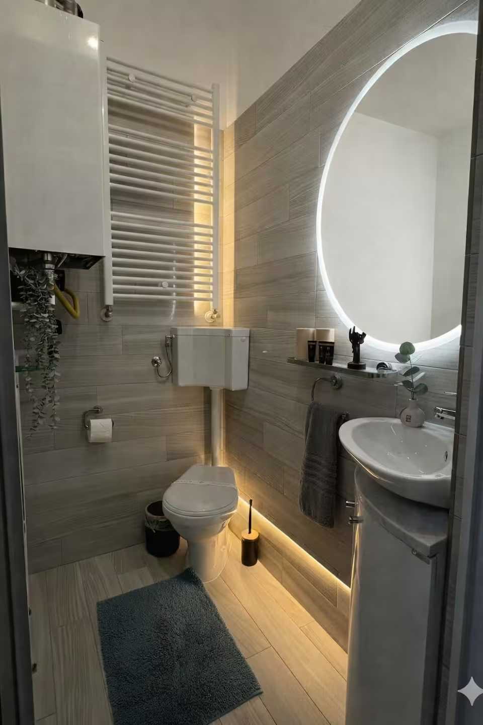 A bathroom with toilet, dishwasher, mirror and a blue carpet — studio in Oradea