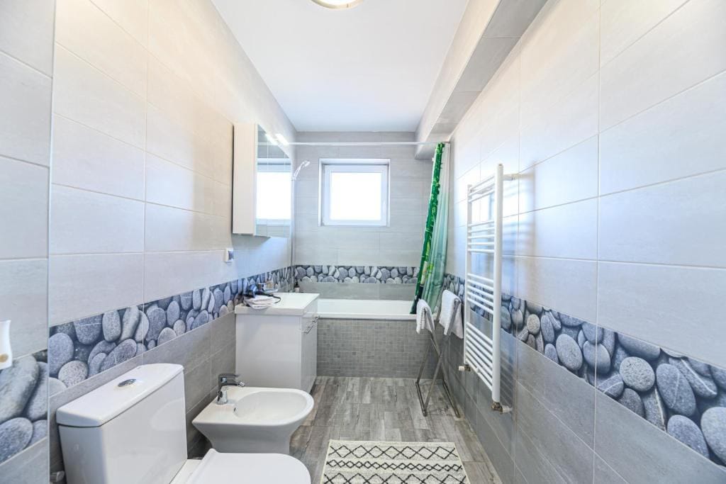 A bathroom with toilet, laundry and shower — apartment in Brașov