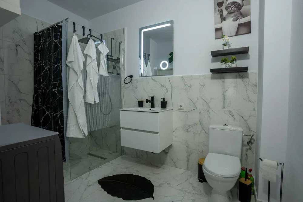A bathroom with toilet and shower