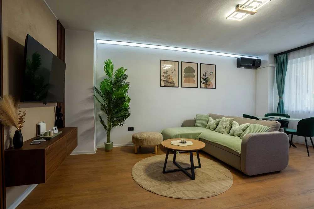 A living room with a sofa, a table and a plant with pot
