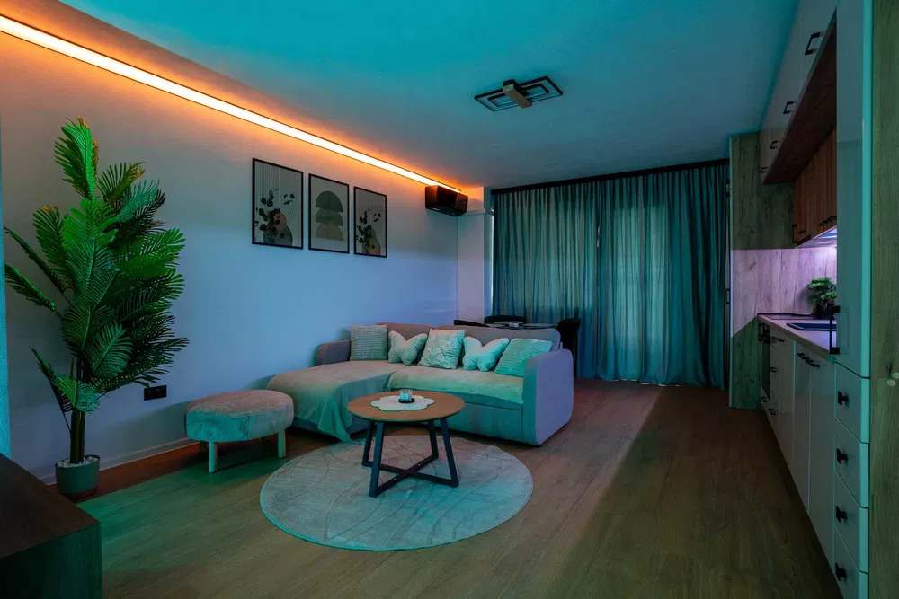 A living room with a sofa, a coffee table and a window