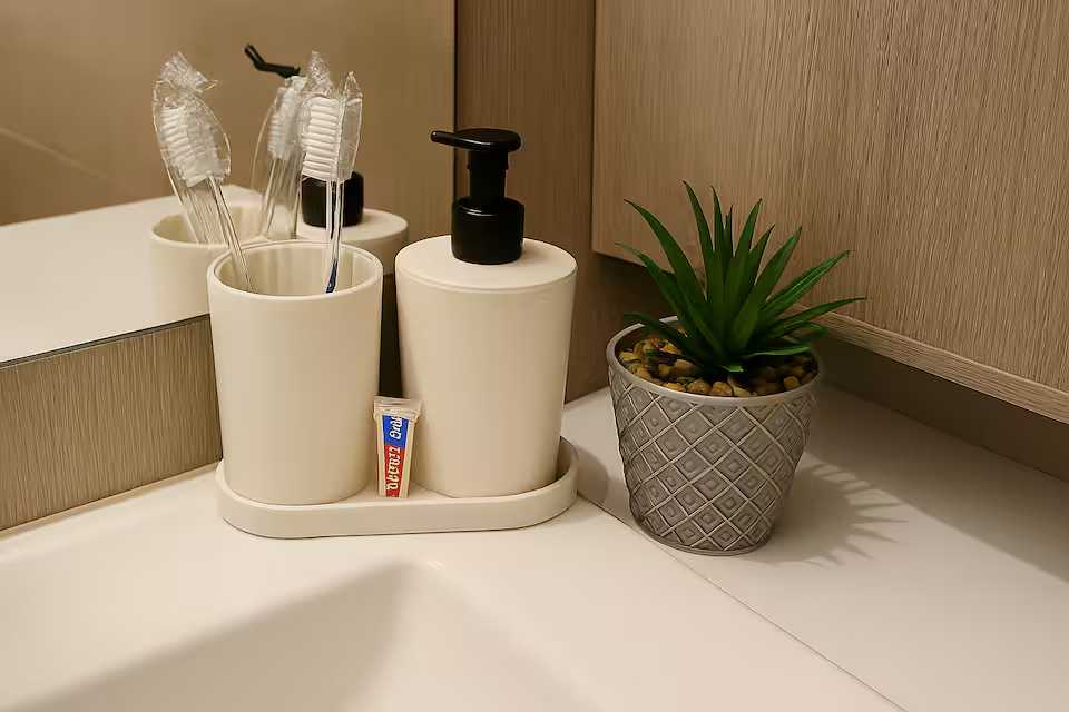 A bath with a cup and a pot plant — apartment in Oradea