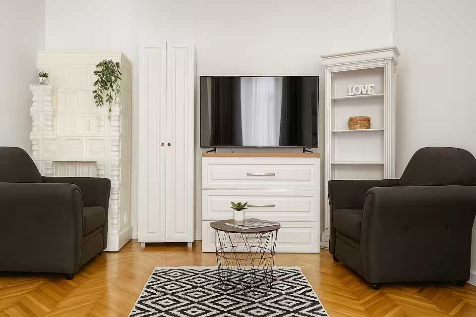 A living room with a flat-screen TV, a closet, a chair and a pot plant — apartment in Oradea