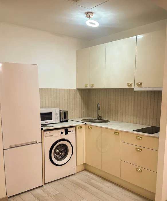 A small kitchen with a white fridge, microwave, and sink — apartment in Bucuresti