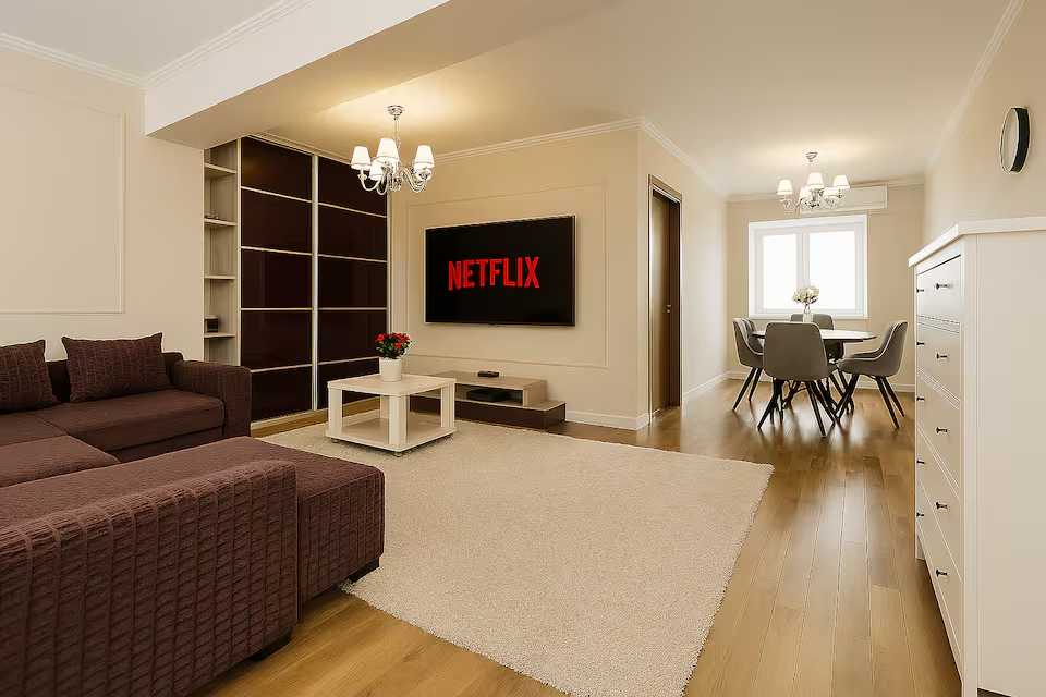 A living room with a sofa, a chair, a table, a TV and a window — apartment in Oradea